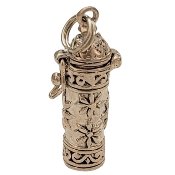 Sterling Silver Flower Hinged Latch Lid Prayer Box Tube Pendant, K853 - Picture 3 of 7